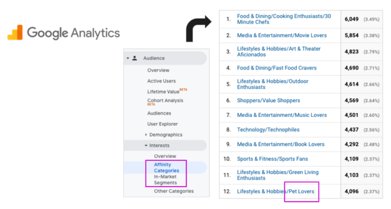 Screenshot of Google Analytics Affinity Data
